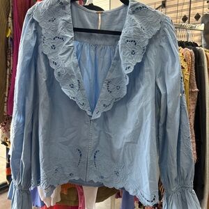 Free People Light Blue Blouse with Lace Details